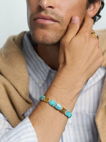 Nialaya Men's Flatbead Bracelet The Dorje Flatbead Collection - Turquoise and Gold The Dorje Flatbead Collection - Turquoise and Gold